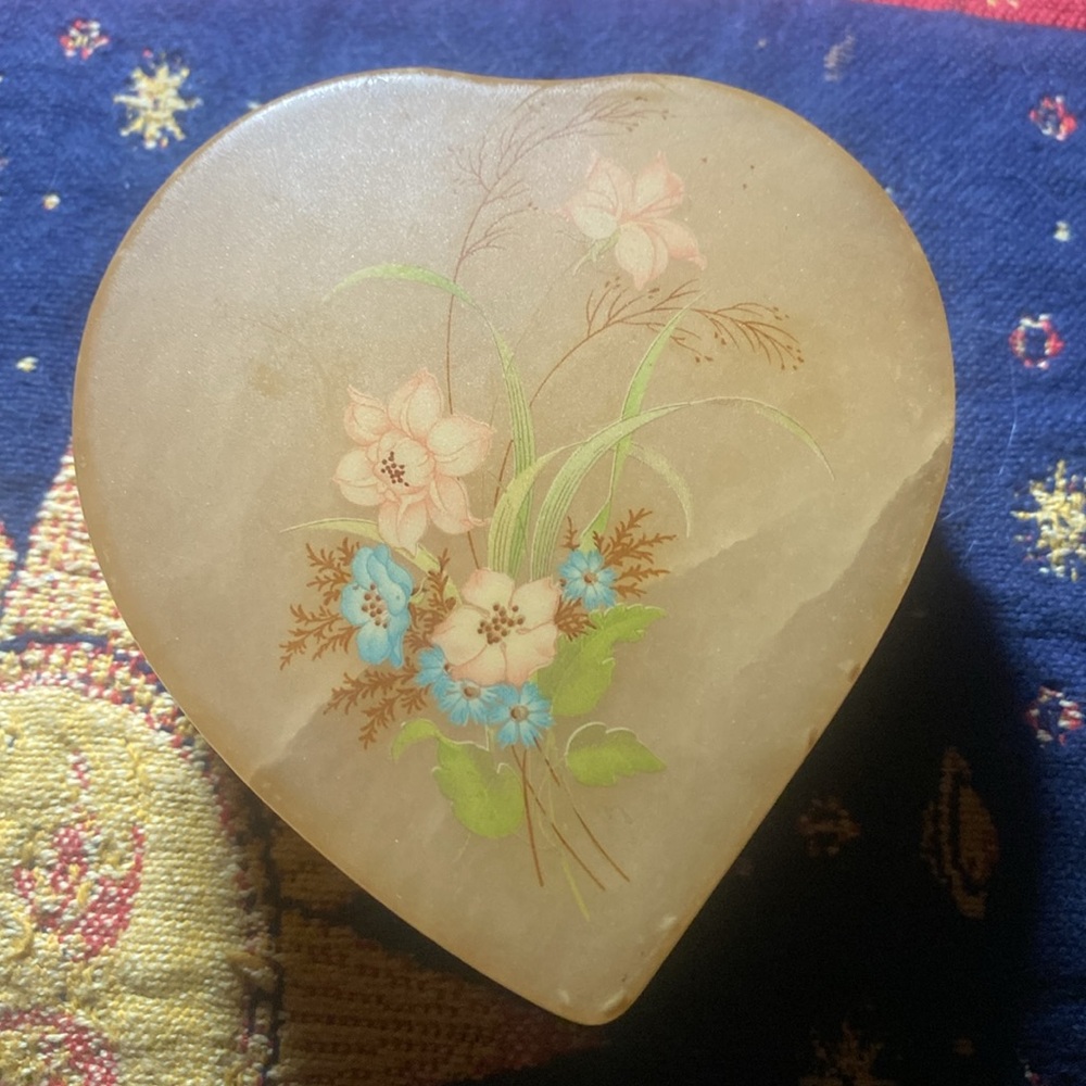 Genuine Alabaster Hand Carved Floral Heart Shaped Trinket Box